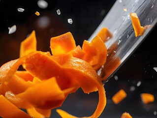 Wall Mural - Vibrant Orange Mango Slices Falling from Silver Knife on Dark Backdrop