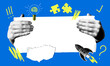 © Morena - Pop art style banner with halftone hands holding sheet of paper. Modern collage with rocket, puzzle, light bulb. Business startup concept. Creating ideas