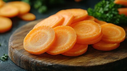 Wall Mural - Sliced carrots on wooden board.