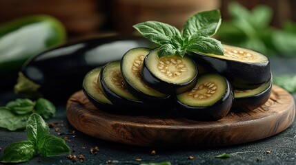 Wall Mural - Sliced eggplant with basil on wooden board.