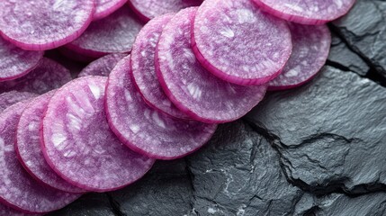 Wall Mural - Sliced purple radish on slate.