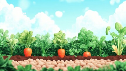 Wall Mural - Vibrant Carrot Garden Landscape Under a Sunny Sky with Fluffy Clouds