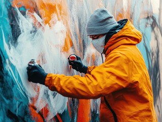 Street artist creating vibrant graffiti art with spray paint on the wall