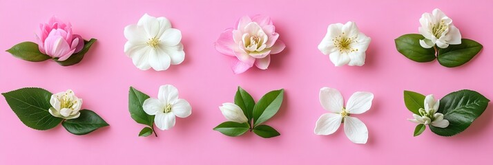 Canvas Print - Pink and White Spring Flower Collection Arranged Flat Lay, Isolated on a Pastel Pink Background