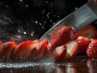 Wall Mural - Fresh Strawberries Being Sliced with Knife Against Dark Background Close-up