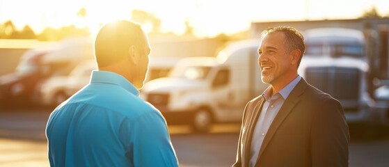 Business meeting between two professionals outdoors during sunset, discussing logistics and transportation industry trends with commercial trucks in background.