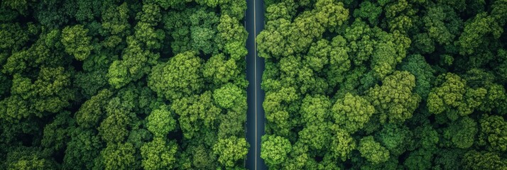 Poster - Straight road stretches into a lush green forest under bright daylight with tall trees lining both sides. Generative AI