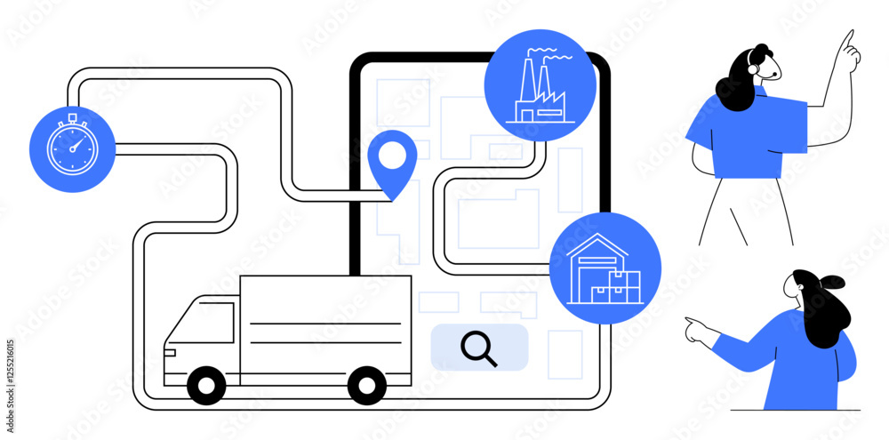 Delivery truck navigating through a map with route markers, stopwatch ...