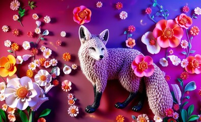 Wall Mural - 3d art wallpaper abstract of white floral fox decor colorful fox and colorful background 3d wallpape