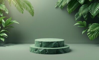 Wall Mural - stone green podium or rock dais stage and nature green leaves elegant green podium mock-up stand pro