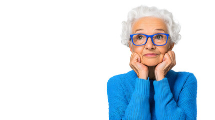 Wall Mural - Close up portrait of a happy thoughtful elderly woman, grandmother isolated on white background