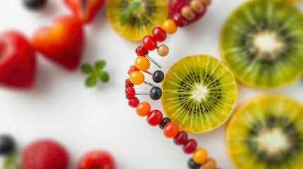 Wall Mural - Vibrant fruit composition, colorful berries arranged in a curve, sliced kiwi, cherry tomatoes, fresh mint leaves, white background