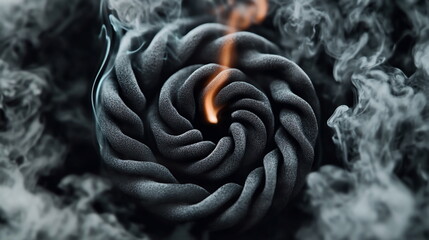 Poster - Abstract Black Spiral Form with Smoke and Flame Creating a Mystical Atmosphere in Dark Background