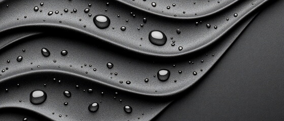 Fototapete - Black Satin Fabric with Water Droplets and Elegant Wave Pattern for Textile and Design Background