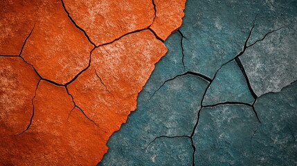 Aufkleber - Cracked Surface with Orange and Teal Colors Highlighting Texture and Contrast in Abstract Background Design