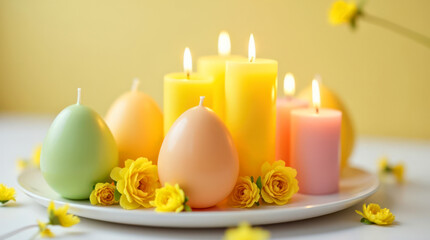 Wall Mural - Colorful Easter Egg Candles with Flowers on Plate. Easter concept