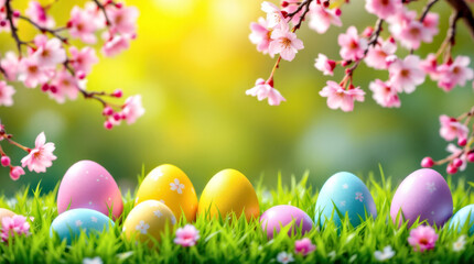 Wall Mural - Colorful Easter Eggs in Spring Blossom Setting in green grass. Easter concept with copy space