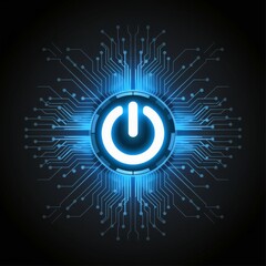 digital glowing power button with circuitry pattern, symbolizing technology, energy, and innovation.