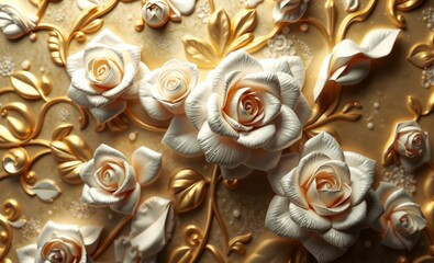 Wall Mural - 3d wallpaper with golden and white roses embossed on floral background 3d wallpaper wallpaper backgr