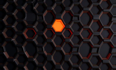Wall Mural - a close-up of a repeating hexagonal pattern with some hexagons glowing with an orange hue against a 
