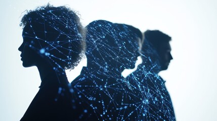 Wall Mural - silhouettes of diverse professionals with digital network connections representing teamwork, innovat