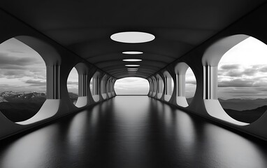 Leinwandbilder - Futuristic corridor, mountain view, cloudy sky, architecture render