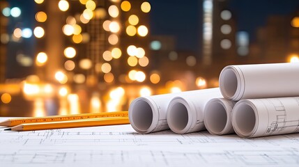 Architectural project materials laid on a table at a construction site, featuring blueprints, pencils, and city lights in the background