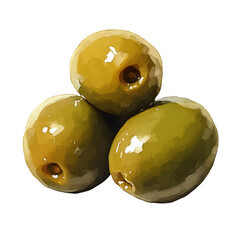 three fresh green olives with one brown olive on top, against a white background, realistic photogra