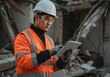 © IbragimovN - Construction worker in safety gear using tablet at demolition site