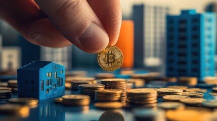 Fototapete - Investment strategy in cryptocurrency with a hand holding a Bitcoin over digital assets, models of houses, and stacked coins representing real estate market trends.
