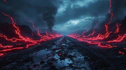 Wall Mural - a futuristic wasteland under an ominous sky, with red neon smoke creeping along the ground and risin
