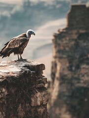 A photo of a vulture perched on an ancient ruin, its beady eyes scanning the dry earth below. 