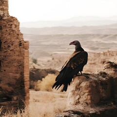 A photo of a vulture perched on an ancient ruin, its beady eyes scanning the dry earth below. 