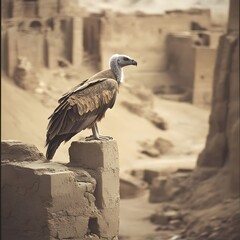 A photo of a vulture perched on an ancient ruin, its beady eyes scanning the dry earth below. 