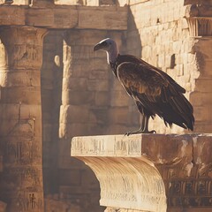 A photo of a vulture perched on an ancient ruin, its beady eyes scanning the dry earth below. 
