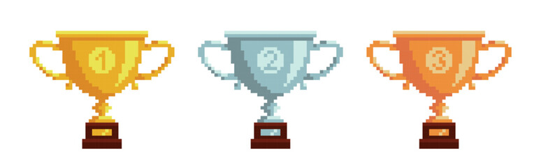 Wall Mural - pixel winner cups. golden silver and bronze award, competition prize, different places, first second
