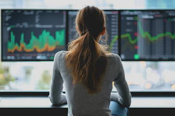 Wall Mural - Woman sitting at desk working on computer monitor in modern office environment