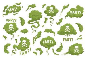 green stinky fart. toxic smell, bad acid clouds different form scull with bones sign, death symbol, 
