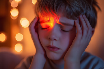 Caucasian boy sitting in a cozy room experiences headache with gentle light emphasizing discomfort