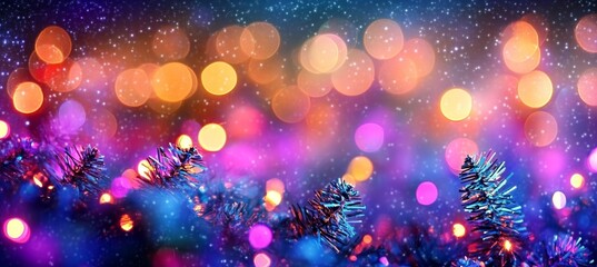 Wall Mural - Abstract Festive Celebration Christmas Tree Branches with Sparkling Bokeh Lights and Snowfall