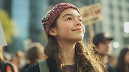 Hopeful Young Activist at a Protest Rally Seeking Positive Change