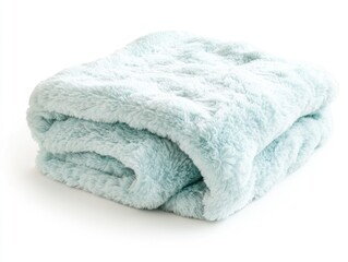 Folded soft and fluffy light blue blanket on white background studio shot