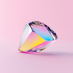 Bright reflective crystal, holographic diamond shape gem isolated on light pastel background