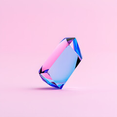 Bright reflective crystal, holographic diamond shape gem isolated on light pastel background