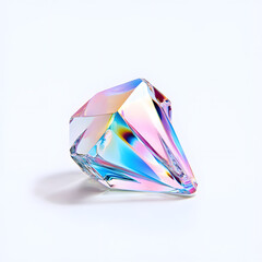 Bright reflective crystal, holographic diamond shape gem isolated on light pastel background