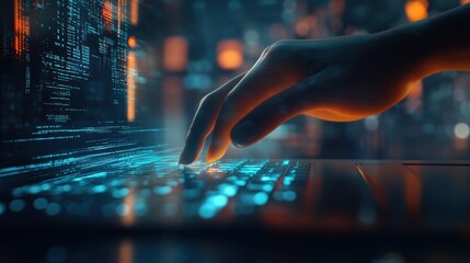 Wall Mural - technology, hand reaching for glowing keyboard with data visualization, digital connections, cyberse
