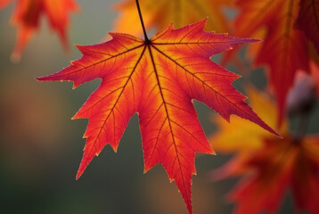 single maple leaf in autumn colors with a softly blurred background.