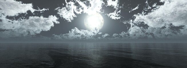 Wall Mural - moon seascape, moon over ocean surface, , 3d rendering