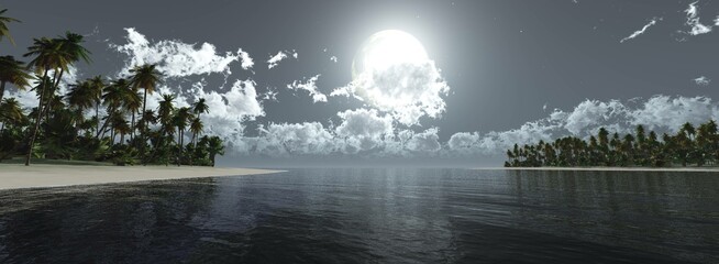 Wall Mural - moon seascape, moon over ocean surface, , 3d rendering