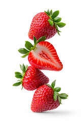 Wall Mural - Sliced strawberry floating vertically in mid-air, isolated on a white background